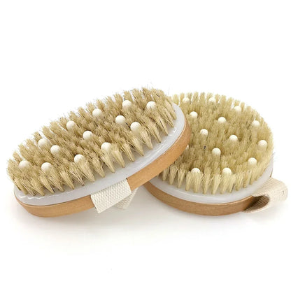 2-in-1 Natural Bristle Body Brush – Dry Skin Exfoliator & Anti-Cellulite Massager for Blood Circulation