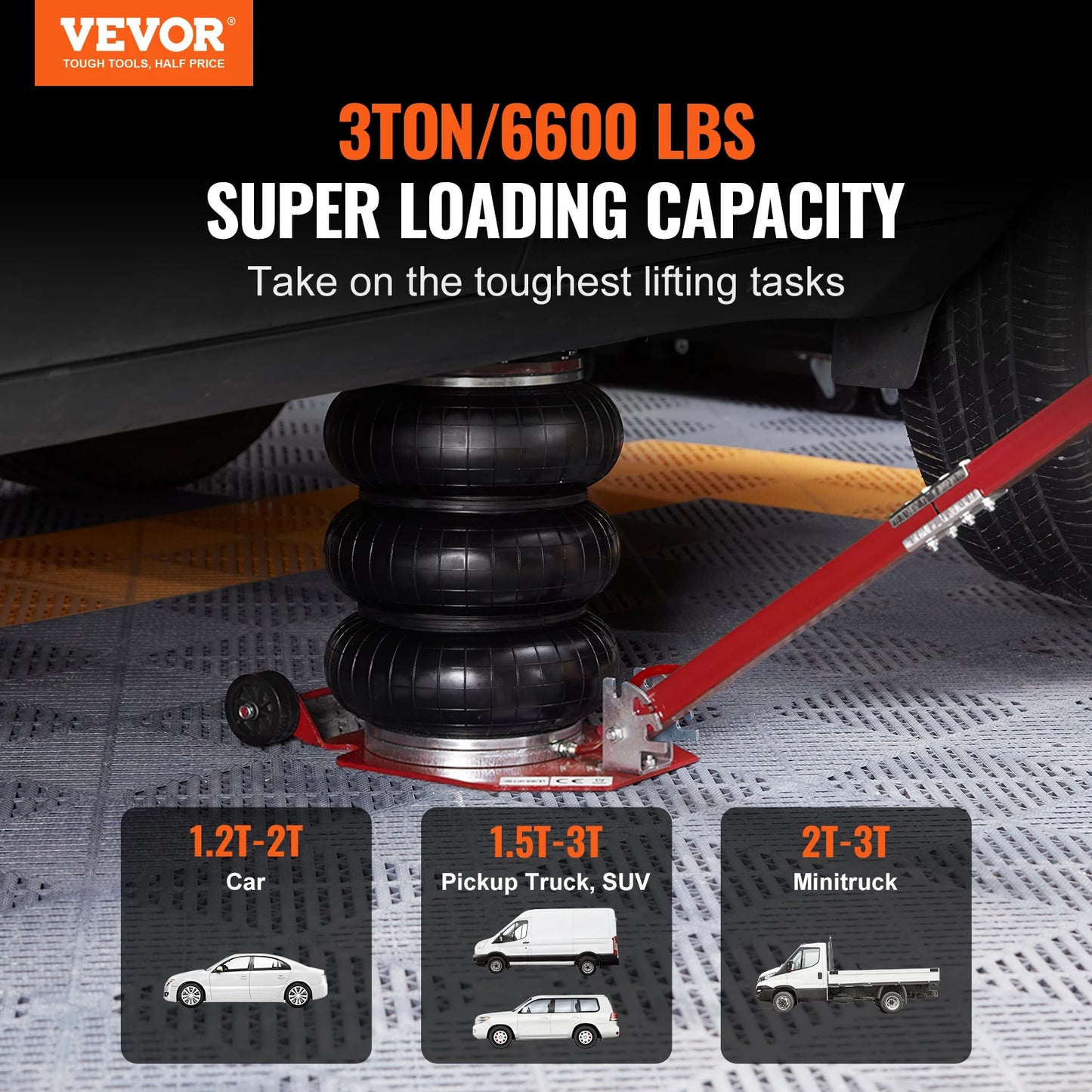 VEVOR Pneumatic Air Jack – 3 Ton/5 Ton Triple Bag Quick Lift Heavy Duty Car Repair Jack with Folding Rod & Two Wheels