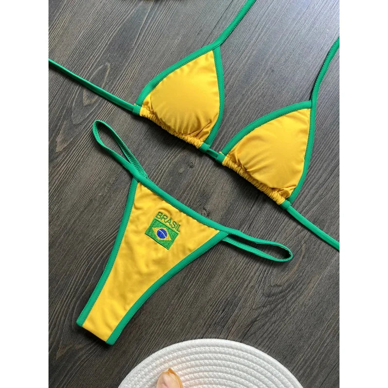 Women’s Brazil Flag Embroidery Bikini Set – Contrast Split Patchwork Swimsuit, Sexy Summer Beachwear Outfit