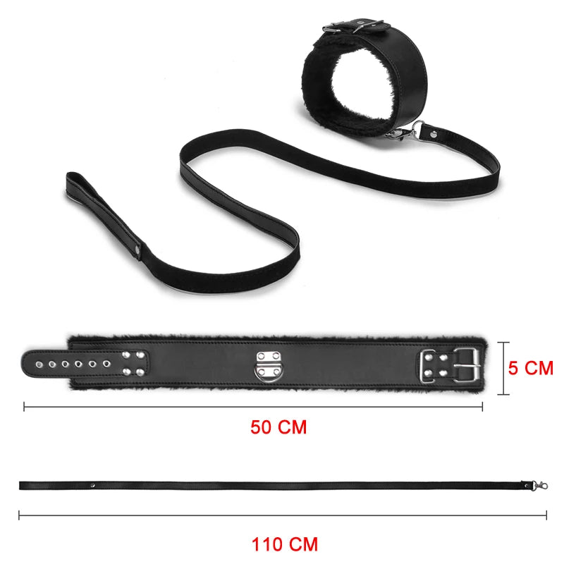 Plush-Lined BDSM Leather Collar & Leash Set - Adjustable Adult Bondage Restraint Accessory