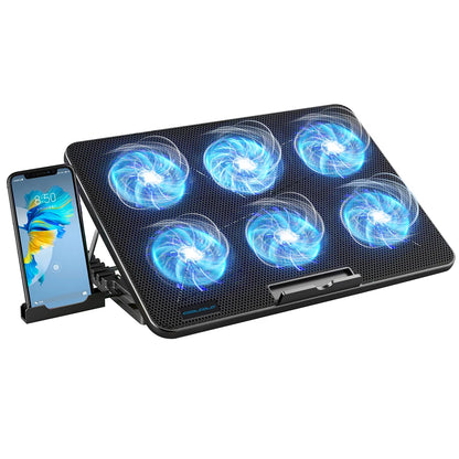 Coolcold Laptop Cooling Pad 15.6-17.3" — 6 Quiet Fans, 7 Adjustable Heights, Wind Speed Control with Mobile Phone Holder