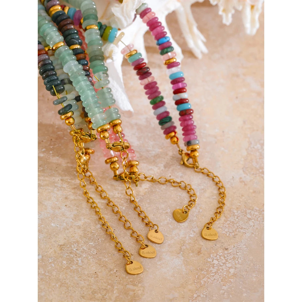 Yhpup Colorful Natural Stone Bead Necklace – Handmade Y2K Stainless Steel Waterproof Chain Jewelry for Women