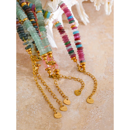 Yhpup Colorful Natural Stone Bead Necklace – Handmade Y2K Stainless Steel Waterproof Chain Jewelry for Women