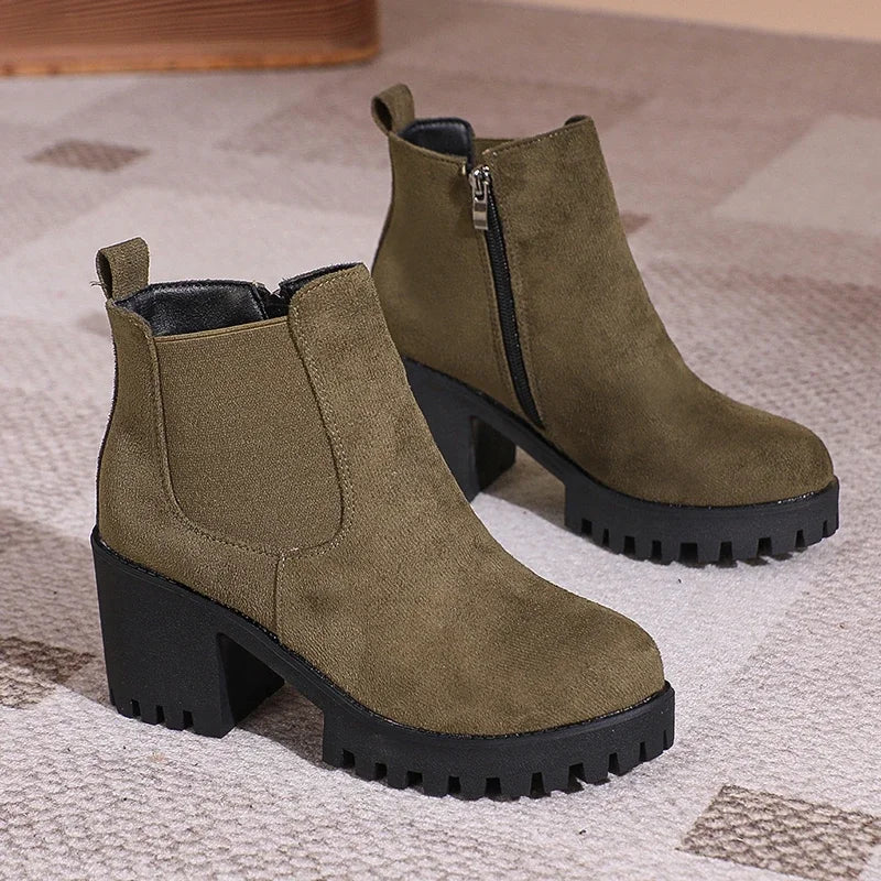 Women’s 2024 Designer Platform Ankle Boots – Elegant Round Toe Zipper Short Boots for Autumn Winter