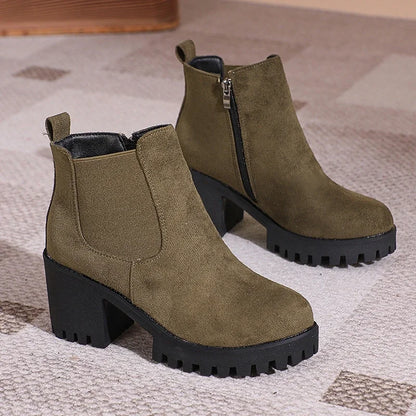 Women’s 2024 Designer Platform Ankle Boots – Elegant Round Toe Zipper Short Boots for Autumn Winter