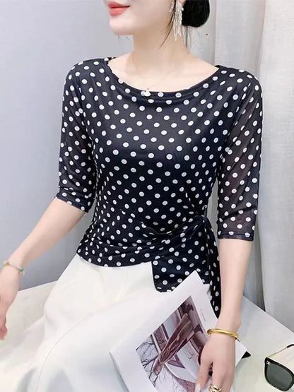 Women’s Polka Dot Mesh T-Shirt - Summer Half Sleeve Irregular Sweet Casual Top