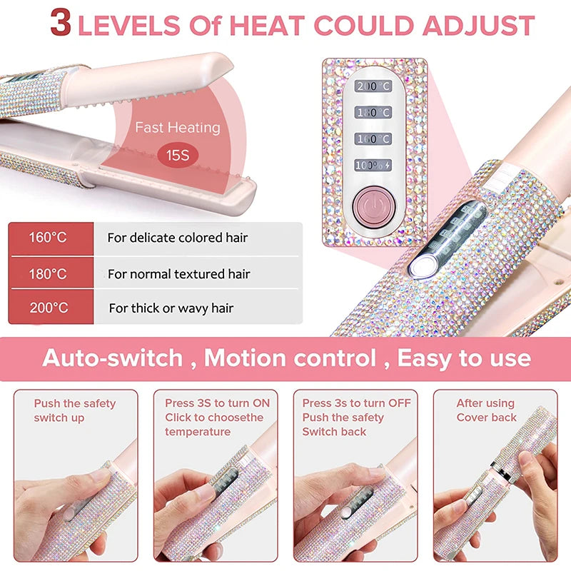 2-in-1 Wireless Hair Straightener & Curler – USB Rechargeable Diamond Design Styling Brush for Travel & Home