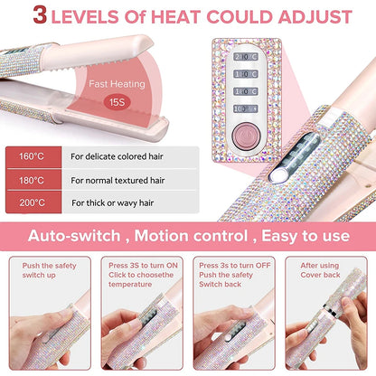 2-in-1 Wireless Hair Straightener & Curler – USB Rechargeable Diamond Design Styling Brush for Travel & Home