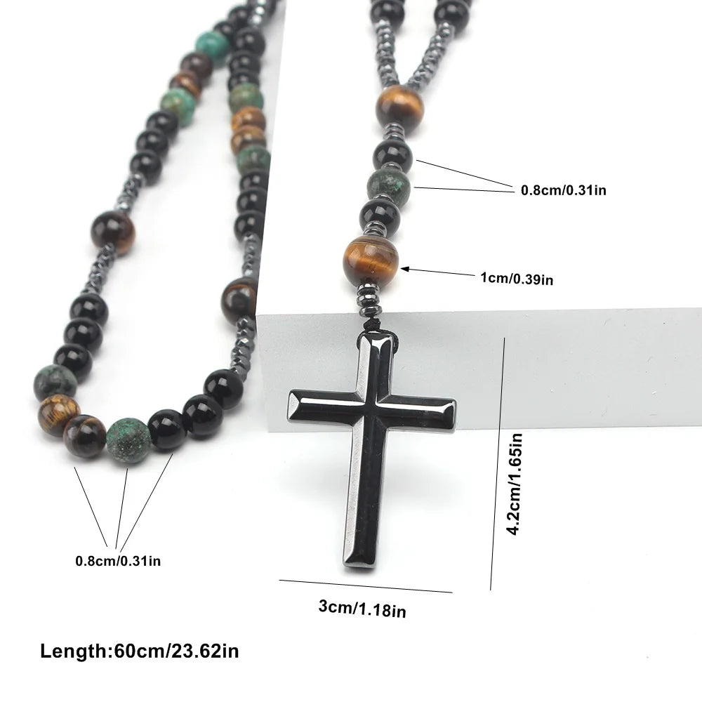 Natural Stone African Turquoise & Tiger Eye Rosary Necklace – Beaded Cross Pendant Religious Jewelry for Men & Women Spiritual Gift