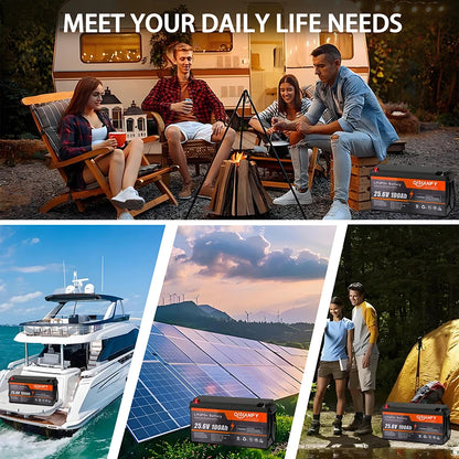 Qidianfy 25.6V 100Ah/200Ah LiFePO4 Battery - 100A Built-In BMS Deep Cycle Power for RV, Solar, Marine & Off-Grid Backup