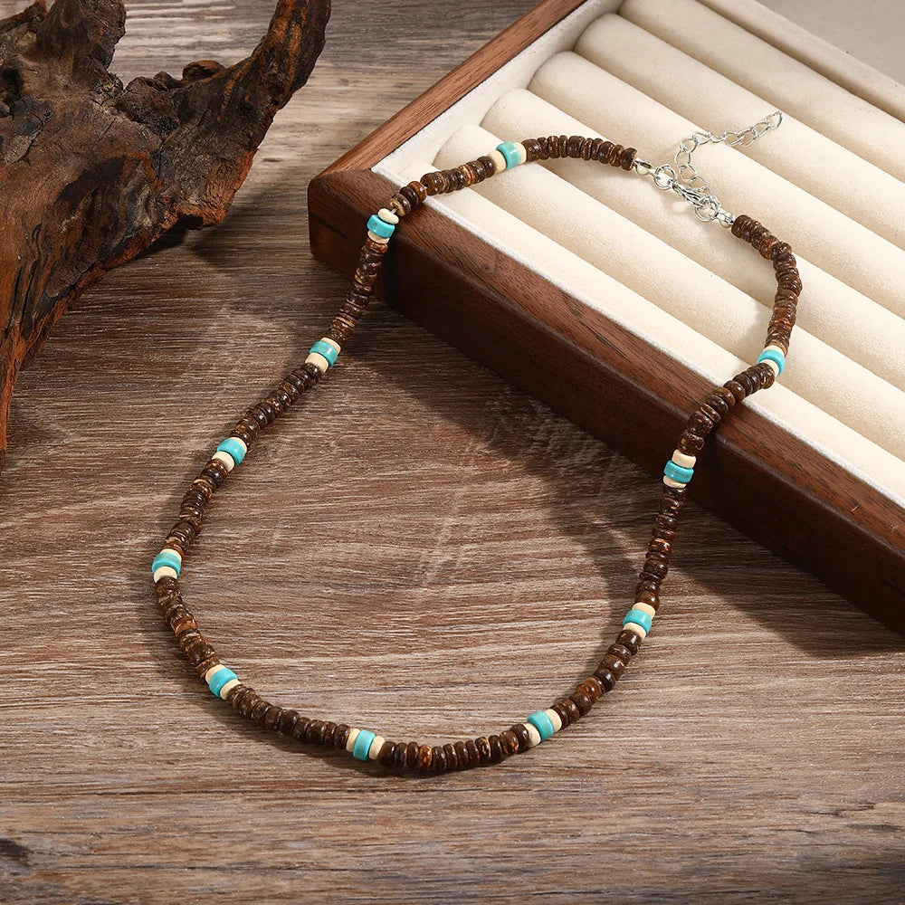 Noter Men’s Natural Coconut Beads Necklace – 19-Inch Handmade Wooden Choker for Casual Jewelry & Gifts