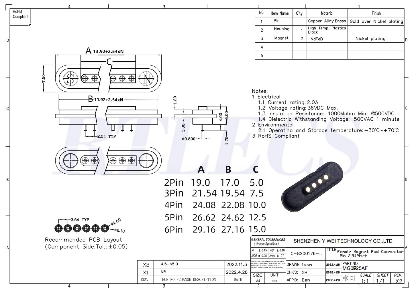 2A Waterproof Magnetic Pogo Pin Connector – 2.54mm Spring-Loaded DC Power Socket, 2-6 Positions
