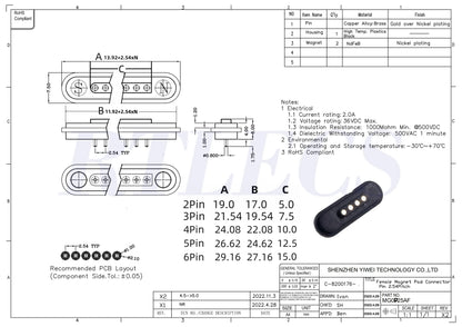 2A Waterproof Magnetic Pogo Pin Connector – 2.54mm Spring-Loaded DC Power Socket, 2-6 Positions
