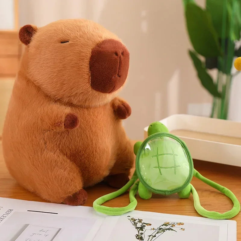 Cute Turtle & Capybara Plush Backpack Pendant – Strawberry Hat Soft Stuffed Toy for Kids Birthday Gift