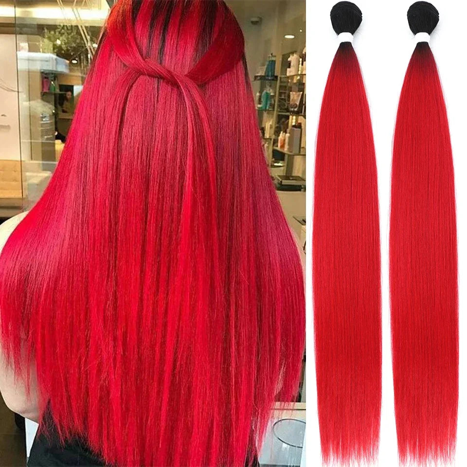 26" Ombre Straight Synthetic Hair Extensions – Smooth Weaving, Full Blue Hair Bundles from Root to End