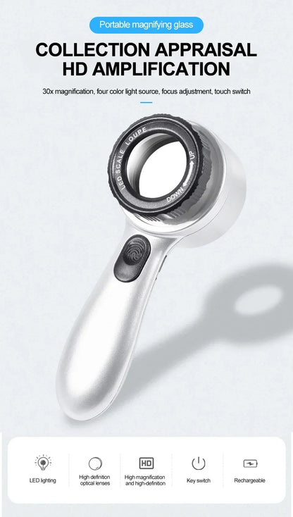 Rechargeable 30X Handheld Magnifying Glass – LED Illuminated Loupe with 4 Light Modes for Jewelry, Reading & Seniors