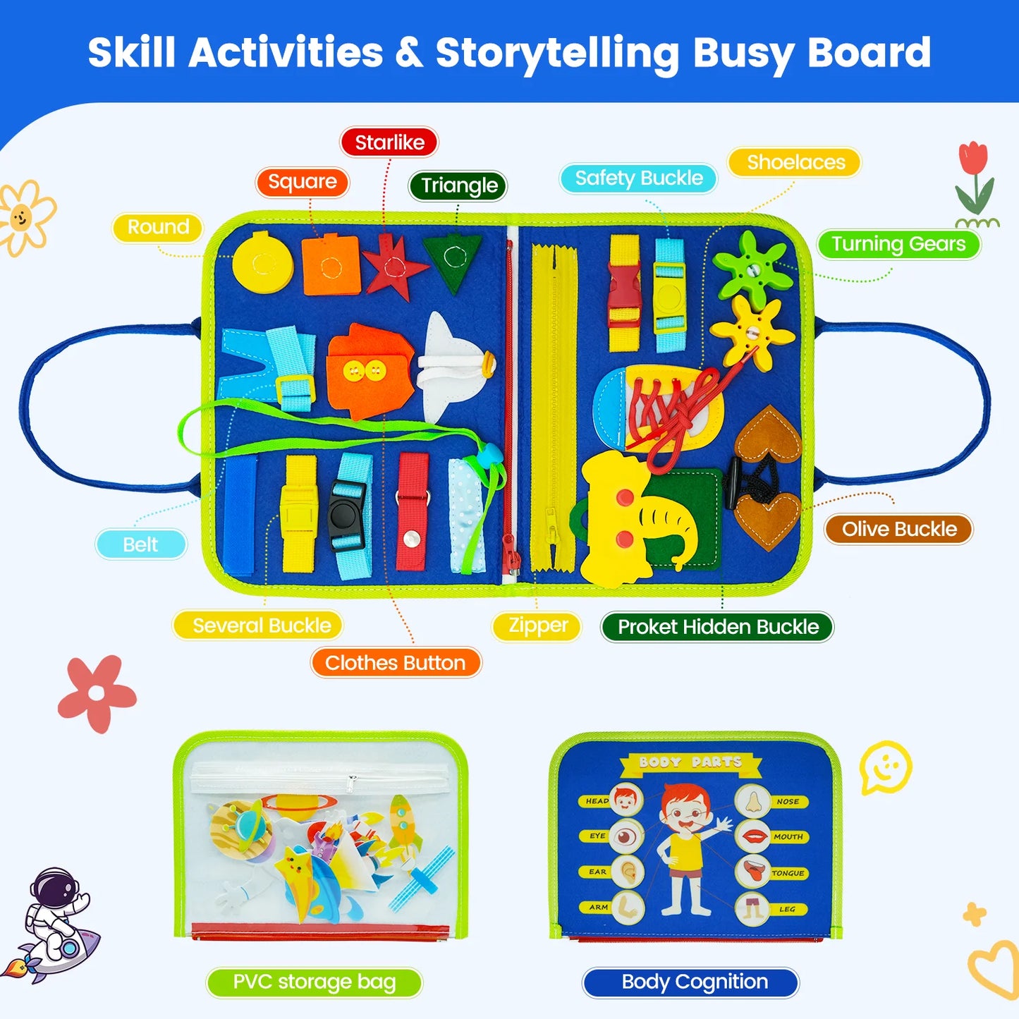 Montessori Toddler Busy Board – Educational Activity for Basic Dress Motor Skills, Baby Learning Toy for Travel