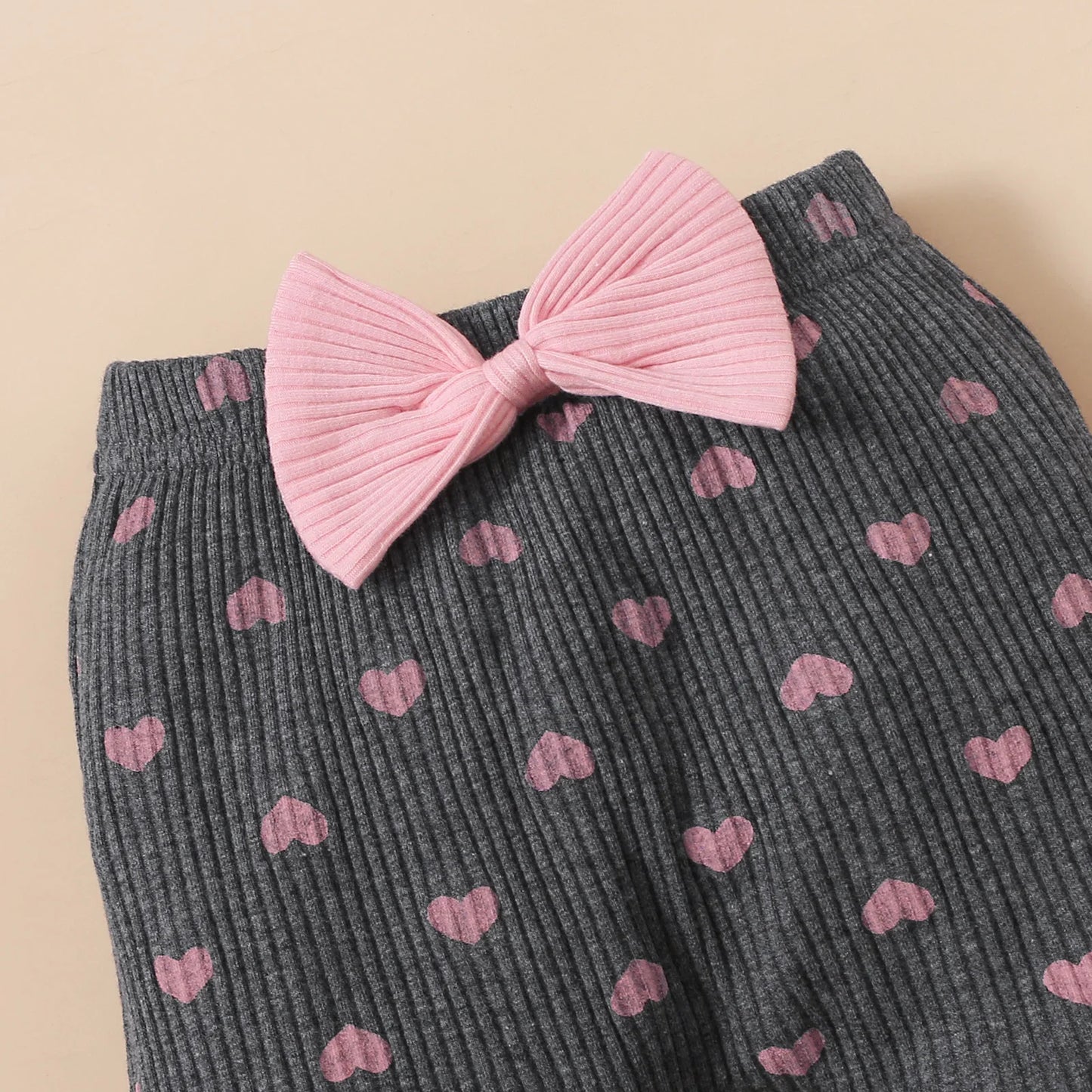 Newborn Baby Girls Clothes Set – Pink Ruffle Top & Heart Print Bow Trousers, Princess Casual Outfit for Infants