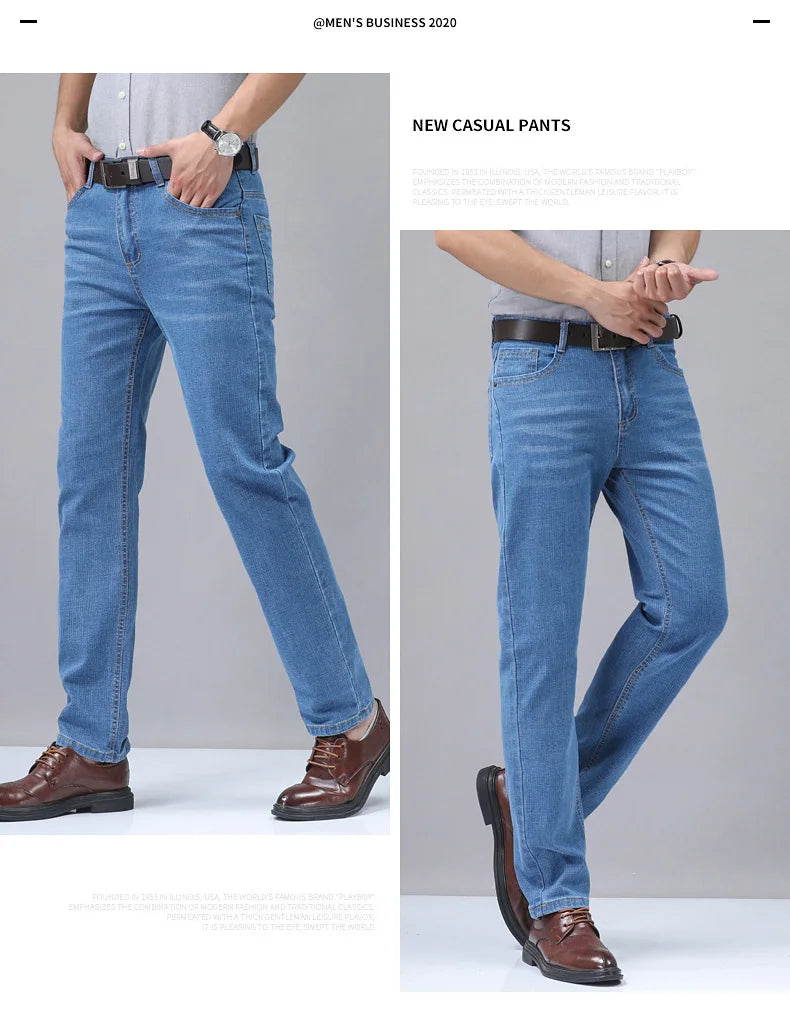 Men’s Casual Comfortable Jeans – Straight Loose Fit High Waist Elastic Trousers for All Seasons & Office Wear