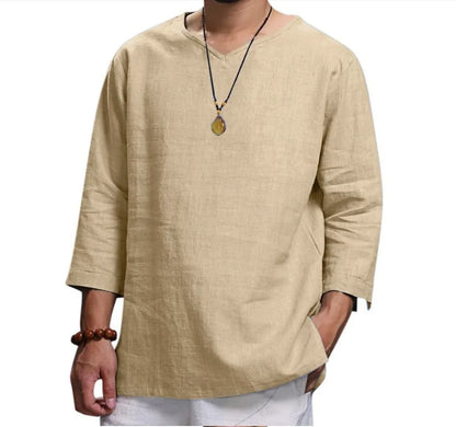 Men’s 3/4 Sleeve Casual Shirt - Loose Fit Solid Color Pullover Top