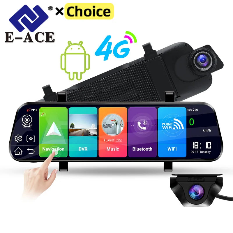 E-ACE 10'' 4G Android Dash Cam – FHD 1080P Dual Lens Rearview Mirror DVR with ADAS & Streaming