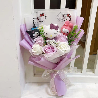 Kawaii Hello Kitty Cat Dolls with Artificial Flowers – Creative Sanrio Bouquet for Christmas, Valentine’s & Birthday Graduation Gifts