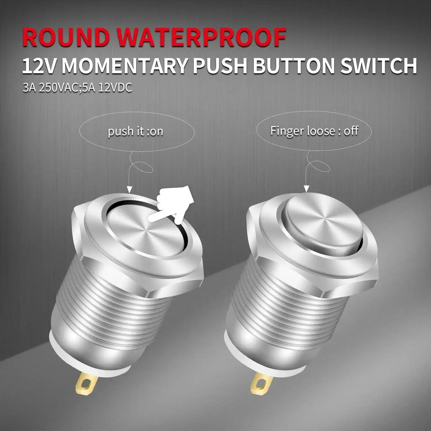 6PCS 12mm Momentary Push Button Switch – 12V Waterproof Chrome Stainless Steel, 2-Pin N/O Power Button