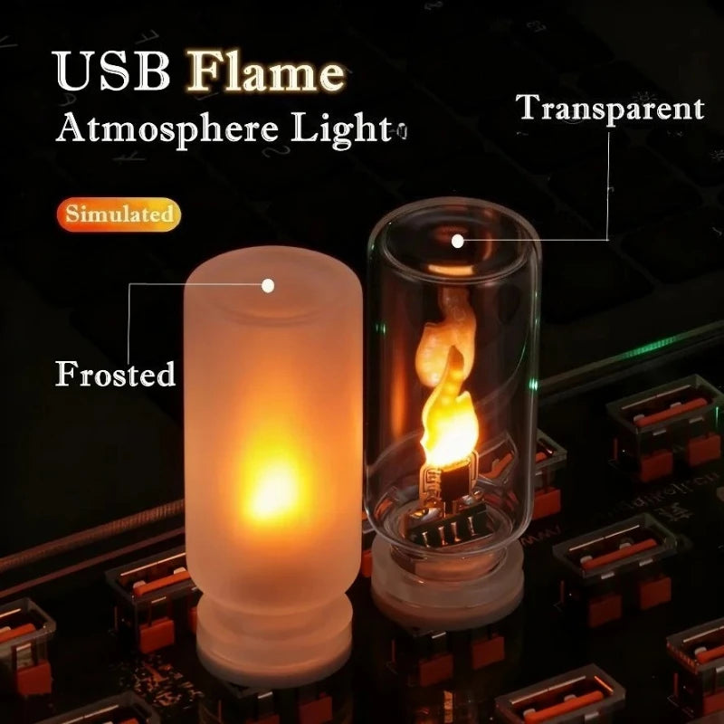 USB LED Flame Night Light - Flickering Dynamic Flame Lamp with Frosted Glass for Car Interior & Home Decor