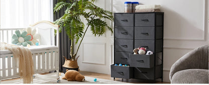 Bedside Table with 10 Fabric Drawers – Steel Frame Nightstand Storage Cabinet for Bedroom Clothes Organizer