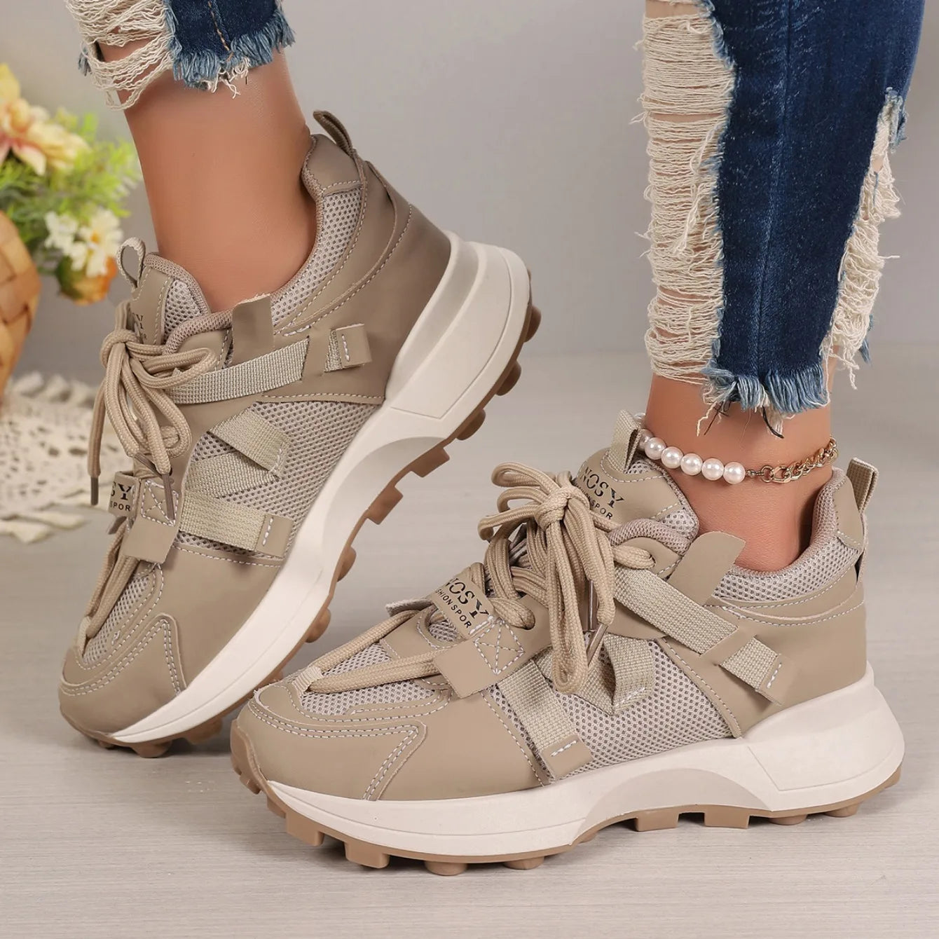 New Women’s Mesh Sneakers - Breathable Platform Lace-Up Casual Outdoor Low Top Shoes, Zapatos De Mujer