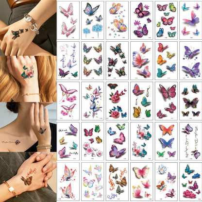 30pcs Black Temporary Tattoo Stickers - Flower Butterfly Rose Moon Star Mandala Designs for Hand, Chest & Body Art