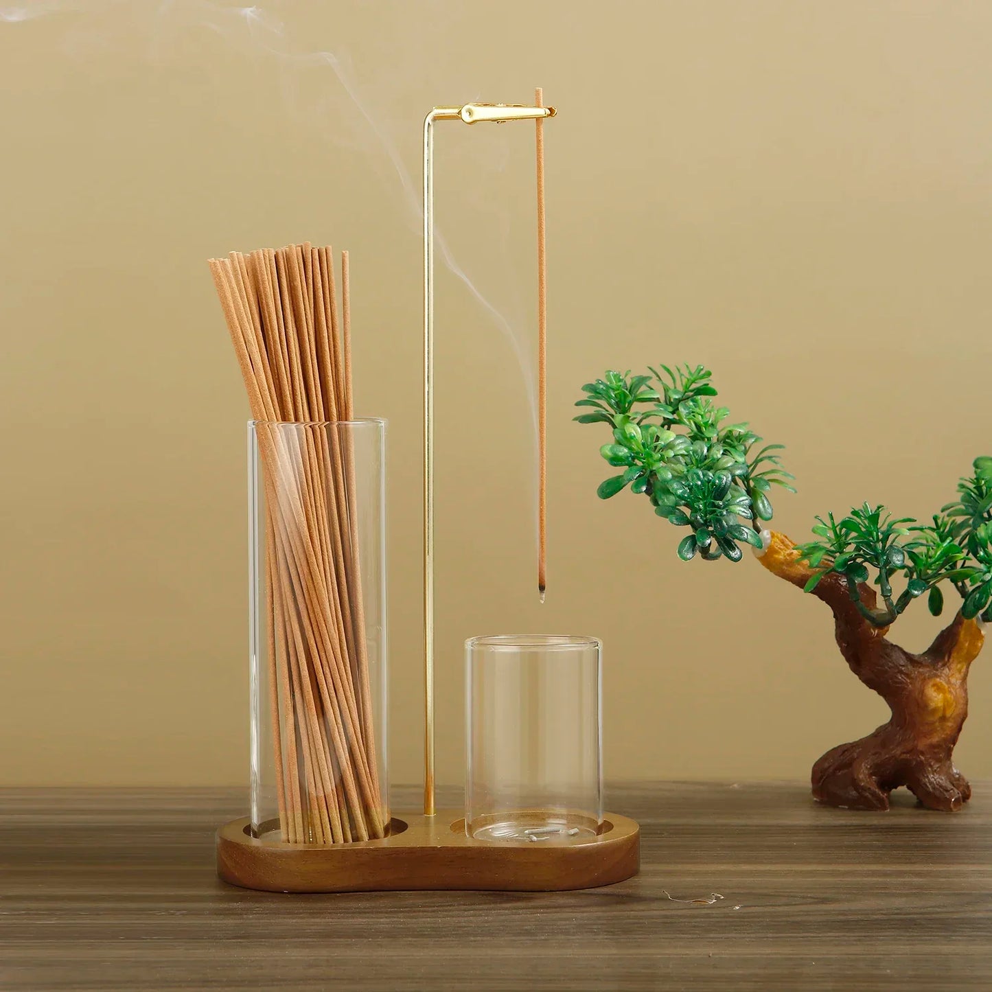 Solid Wood Incense Burner – Rubber Wood & Glass Design for Sandalwood & Fly Ash Incense