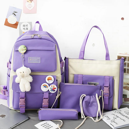 5-Piece School Bag Set – Canvas Backpacks for Teenage Girls & Women, Solid Color Student Schoolbags