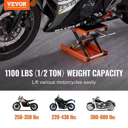 VEVOR Motorcycle Lift – Scissor Jack with 350/1100/1500 LBS Capacity, Wide Deck & Safety Pin for Bikes & Motorcycles