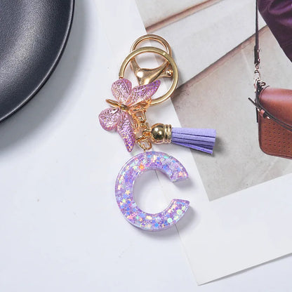 A-Z Initial Letter Sequin Keychain - Purple Butterfly Tassel Resin Keyring Backpack Charm Gift