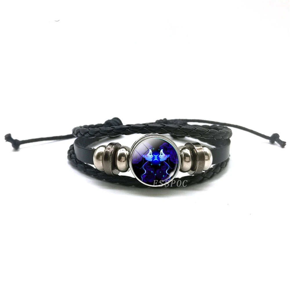 Men’s Zodiac Sign Leather Bracelet | 12 Constellation Black Braided Wrap | Punk Style Multilayer Bracelet for Birthday Gifts