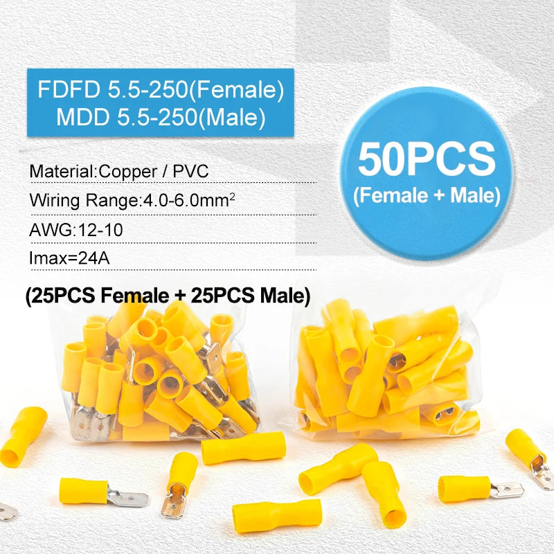 50PCS (25 Set) Insulated Female & Male Spade Crimp Terminal Connectors 6.3mm FDD/MDD Electrical Wiring Cable Plug Kit Universal Use