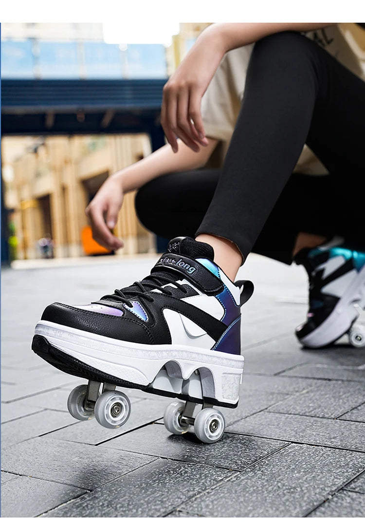Women's High-Top 4-Wheel Roller Shoes – Fashionable Unisex Pop-Up Sneakers with Wheels, Dual-Purpose Skating & Casual Shoes