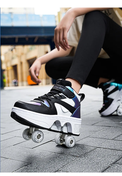 Women's High-Top 4-Wheel Roller Shoes – Fashionable Unisex Pop-Up Sneakers with Wheels, Dual-Purpose Skating & Casual Shoes