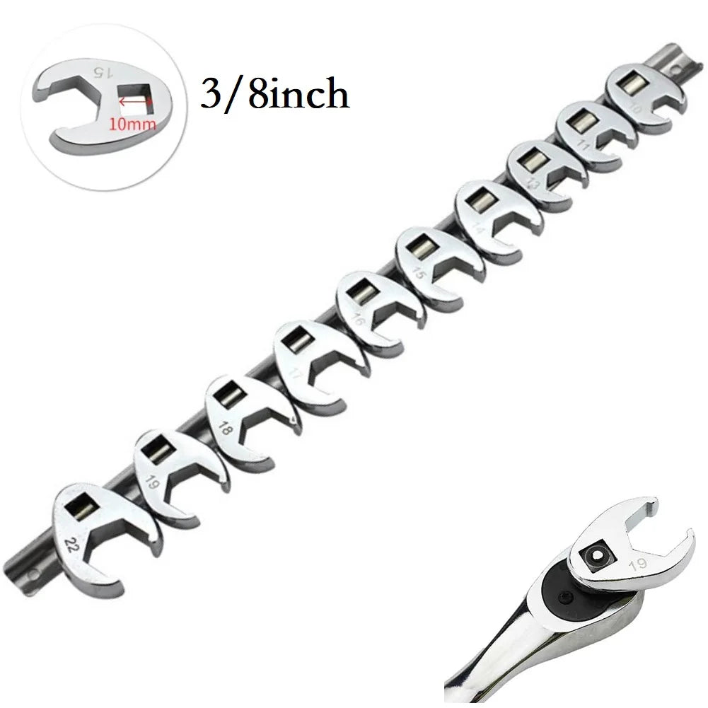 10pcs 3/8" Drive Crowfoot Wrench Set — 10-22mm Metric Open-End Spanners for Torque Wrenches