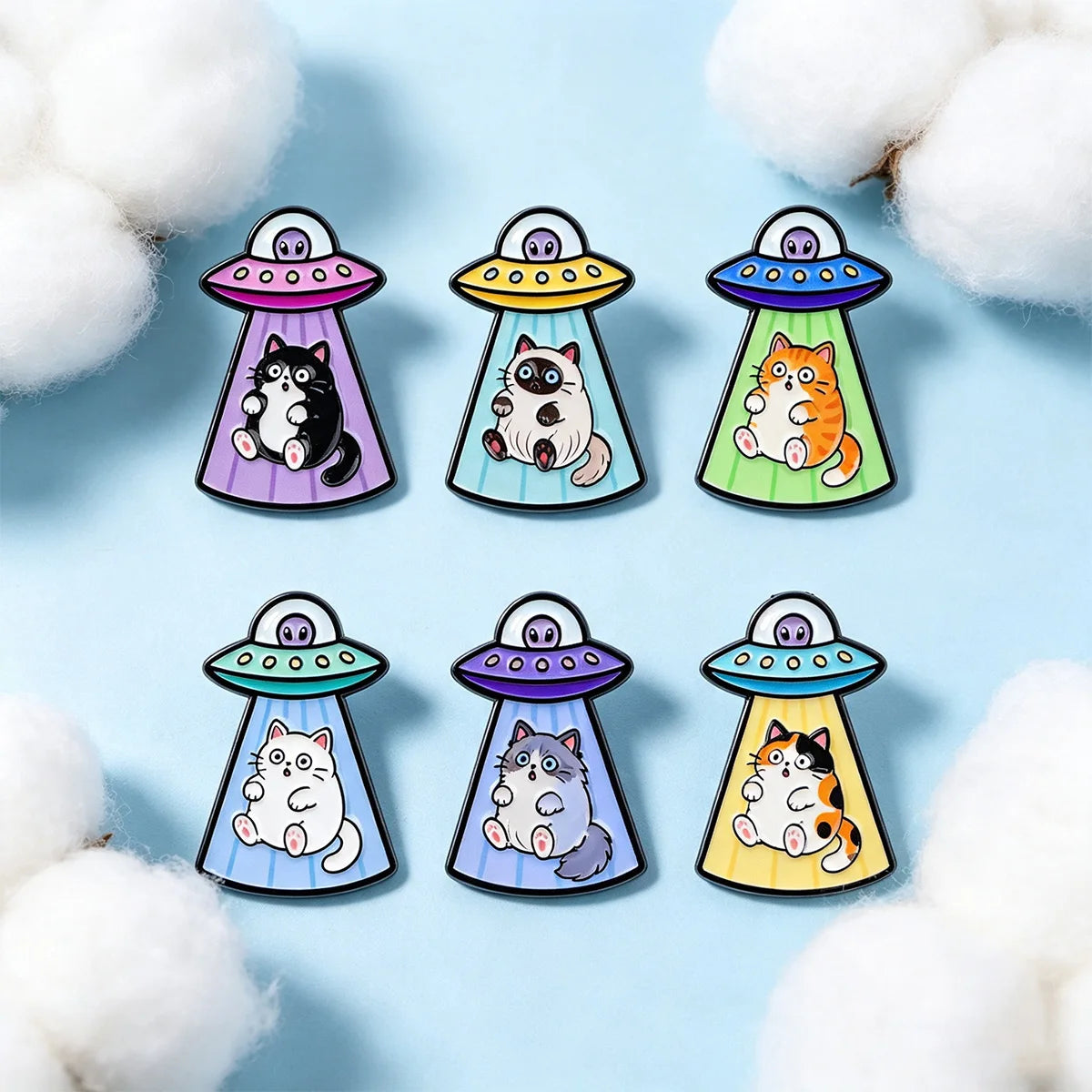 6-Piece UFO Cat Enamel Pin Set - Cartoon Alien Spaceship Brooches for Jackets, Backpacks, and Collectors’ Gifts