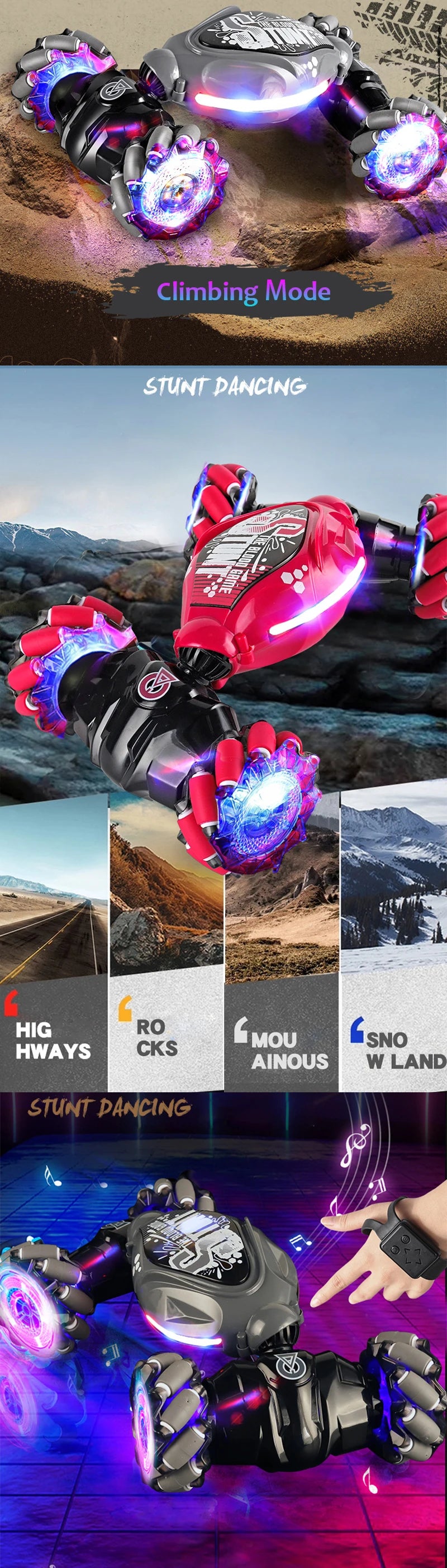 Stunt RC Car 4WD 1:16 – LED Light, Gesture Control, Twist & Climb Remote Controlled Car Toy for Kids
