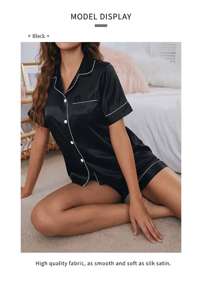 Women's Satin Pajamas Set – Summer Two-Piece Sleepwear with Button-Down Top and Shorts, Comfortable Nightwear Loungewear