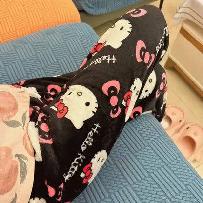 Thick Hello Kitty Fleece Pajama Pants – Soft Double Elastic Anime Trousers for Women, Cute Sanrio Birthday Gift