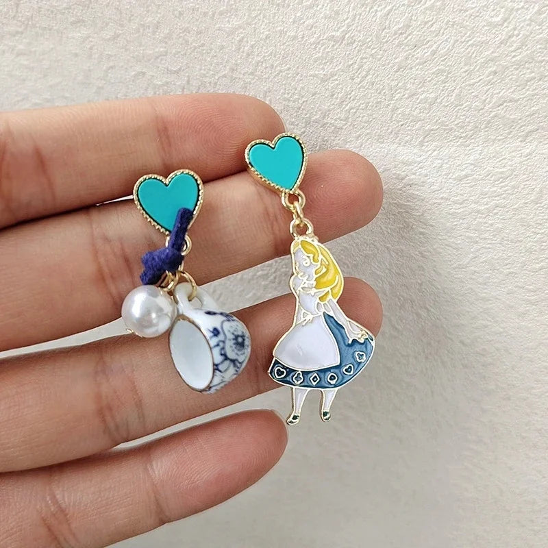 Fairy Tale Princess Alice Asymmetrical Earrings - Blue Heart Enamel Dangle Earrings with Imitation Pearls