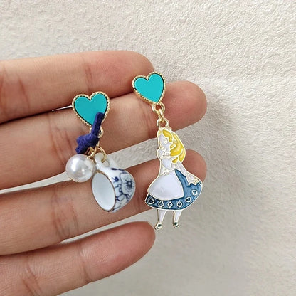 Fairy Tale Princess Alice Asymmetrical Earrings - Blue Heart Enamel Dangle Earrings with Imitation Pearls