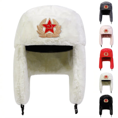 Unisex Winter Earflap Hat - Five-Pointed Star Label Warm Bomber Cap for Skiing, Outdoor Riding, and Snow Activities