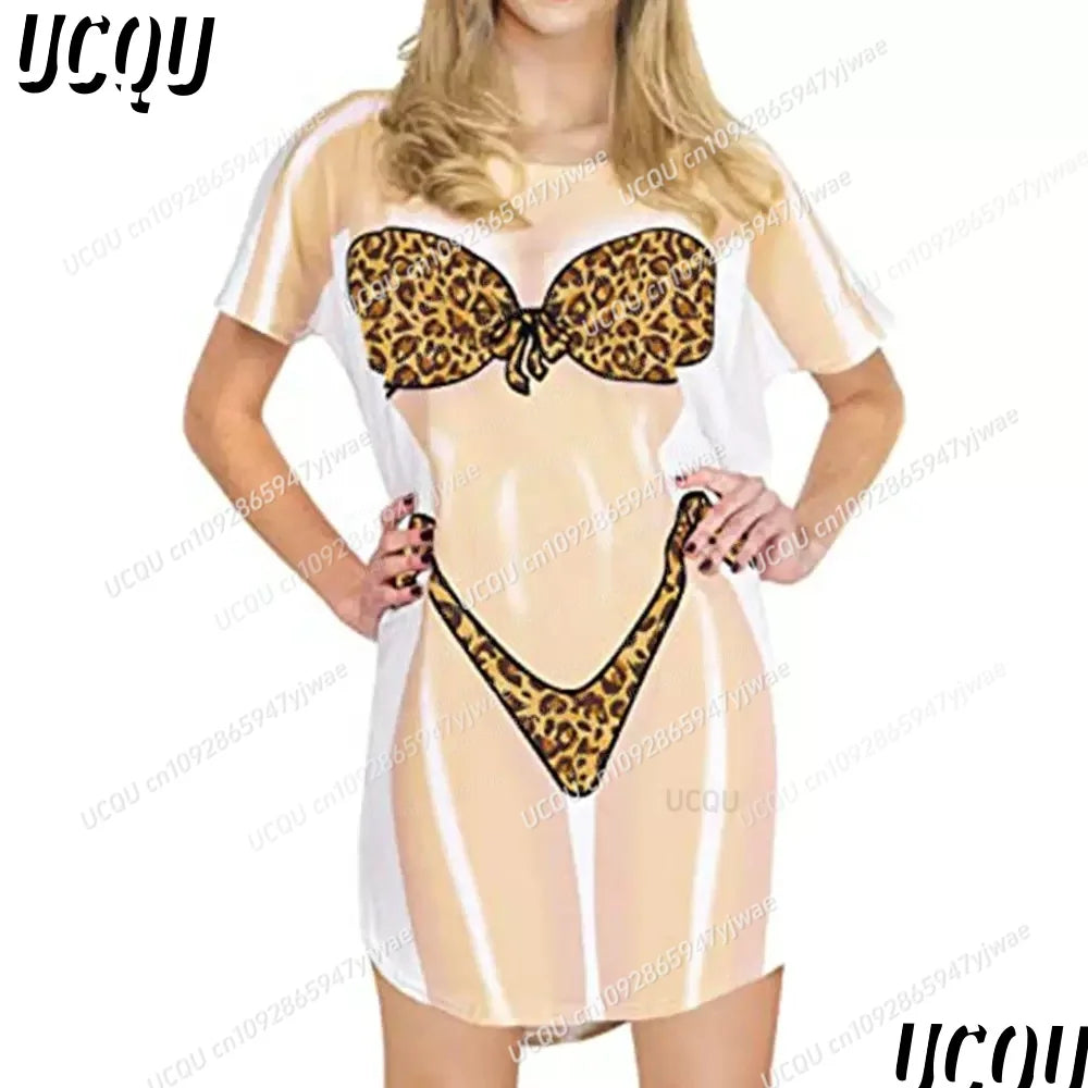 Women's 3D Bikini Print T-Shirt Dress - Casual Short Sleeve Summer Sleep & Home Dress