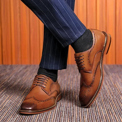 Men’s Genuine Cow Leather Oxford Shoes - Handmade British Vintage Carved Brogue Derby Dress Shoes