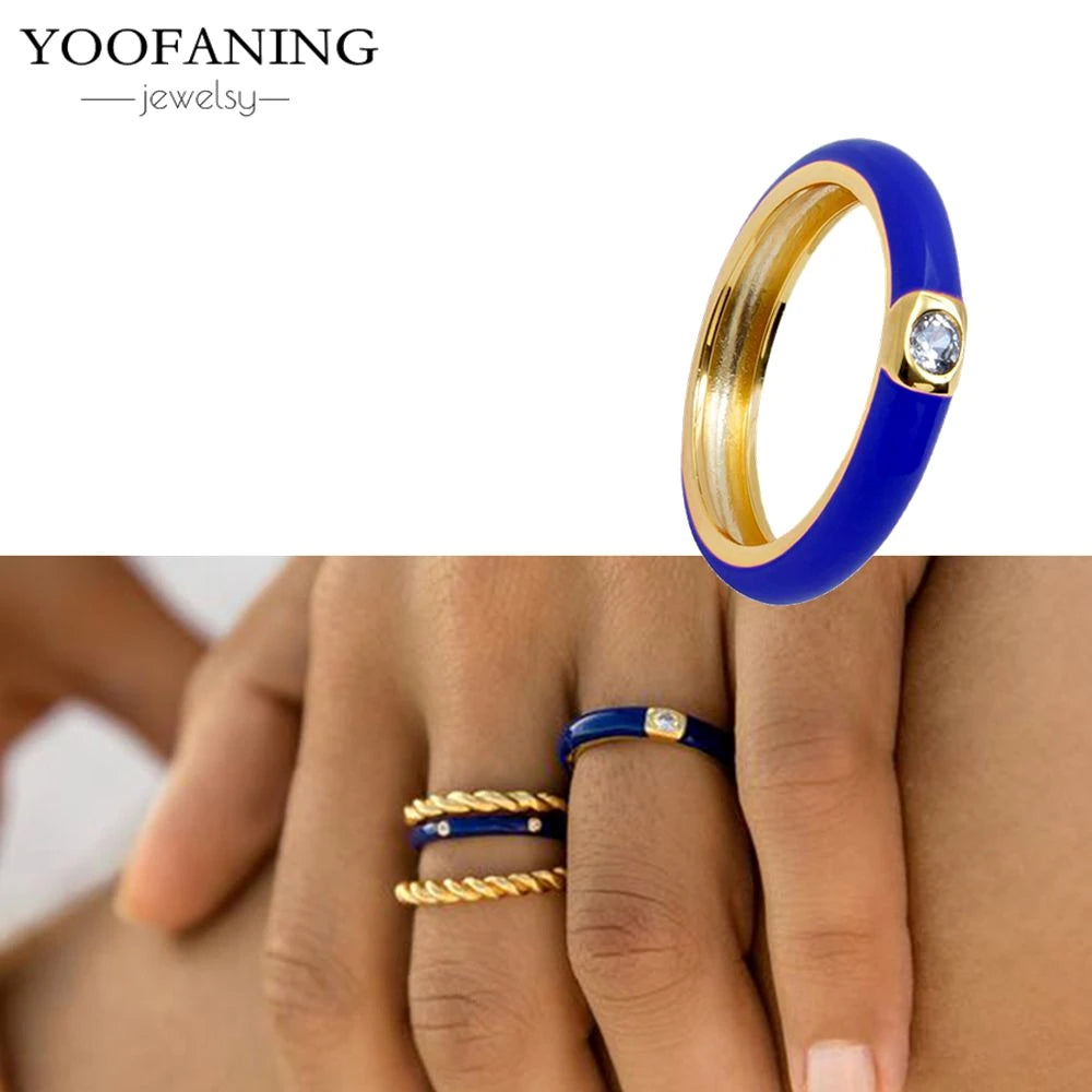 24K Gold-Plated & Silver Enamel Ring – Slim Round Women's Luxury Zircon CZ Ring in Green, Purple, Pink for Wedding & Anniversary